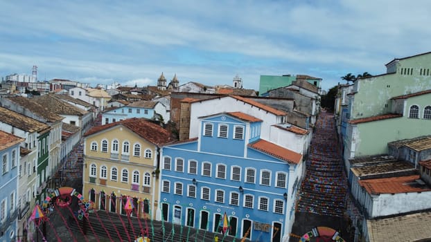 salvador, bahia, brazil - june 16, 2022: Decorative banners seen in the ornamentation for the festivities of Sao Joao in Pelourinho, Historic Center of the city of Salvador.