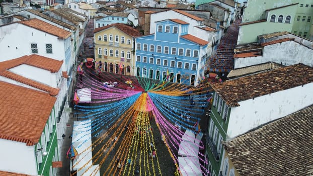 salvador, bahia, brazil - june 16, 2022: Decorative banners seen in the ornamentation for the festivities of Sao Joao in Pelourinho, Historic Center of the city of Salvador.
