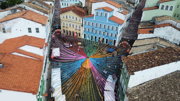 salvador, bahia, brazil - june 16, 2022: Decorative banners seen in the ornamentation for the festivities of Sao Joao in Pelourinho, Historic Center of the city of Salvador.