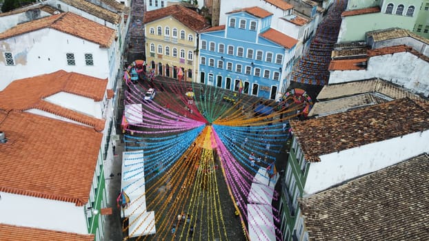 salvador, bahia, brazil - june 16, 2022: Decorative banners seen in the ornamentation for the festivities of Sao Joao in Pelourinho, Historic Center of the city of Salvador.