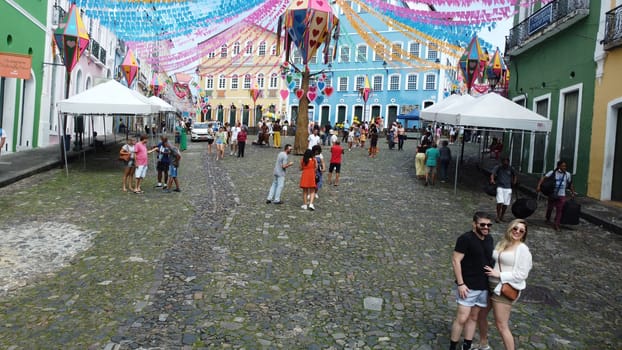 salvador, bahia, brazil - june 16, 2022: Decorative banners seen in the ornamentation for the festivities of Sao Joao in Pelourinho, Historic Center of the city of Salvador.
