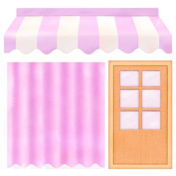 Cute pink and white striped awning with curtained window and door, ideal for charming storefront designs.