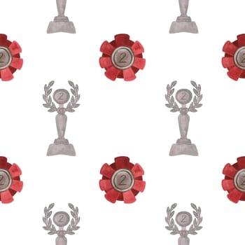 Competition winner prize: seamless pattern with sparkling cups and medals. Design of the award ceremony in watercolor