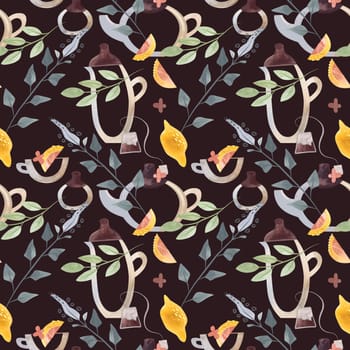 Herb tea. Melissa, mint, glassware, leaves and lemon slices. Seamless watercolor pattern for fabric, wallpaper, wrapping paper, packaging cosmetics, tablecloths, curtains and home textiles