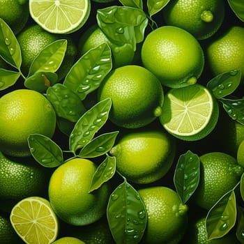 Close-up of vibrant green limes backdrop, arranged beautifully. Ideal for food blogs, menus, and social media posts. A refreshing and eye-catching image for various creative projects.