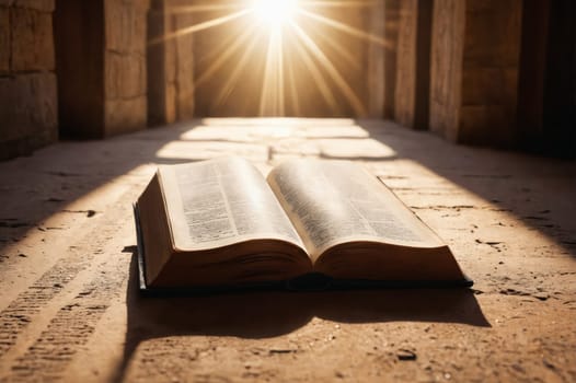 A weathered, open book lies in the center of a stone corridor, bathed in the warm, golden glow of sunlight streaming through a window at the far end. The light casts long shadows across the floor, creating a dramatic and evocative scene.