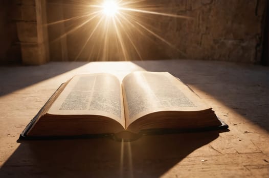 A weathered, open book lies in the center of a stone corridor, bathed in the warm, golden glow of sunlight streaming through a window at the far end. The light casts long shadows across the floor, creating a dramatic and evocative scene.