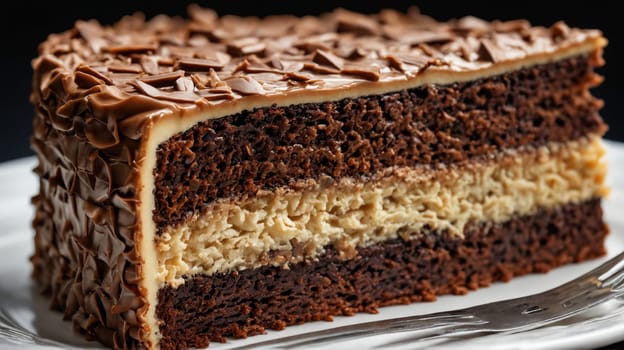 A close-up shot of a decadent chocolate cake, layered with whipped cream and covered in chocolate shavings. The cake is displayed on a white surface, showcasing its rich and textured layers.