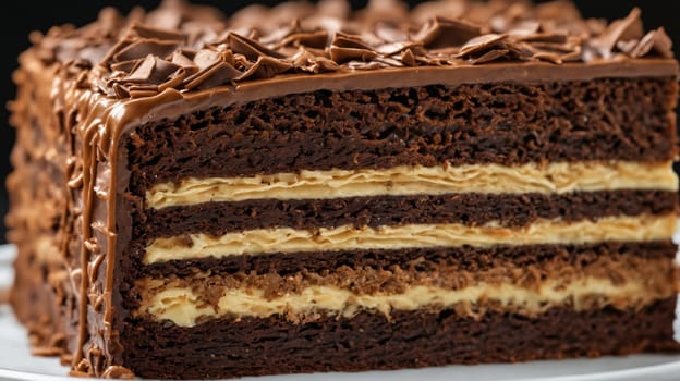 A close-up shot of a chocolate cake with multiple layers of creamy filling, topped with a rich chocolate glaze and chocolate shavings. The cake is displayed on a white plate against a black background.