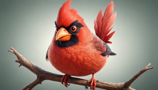 A digital illustration of a red cardinal, rendered in a cartoonish style, perched on a thin twig. The bird has a dark, frowning expression on its face, suggesting a grumpy or annoyed attitude. The illustrations background is a muted green, with the focus solely on the cardinal and the branch.