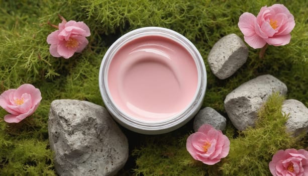 A close-up image of a jar of pink cream nestled in a bed of green moss. The cream has a soft, smooth texture and is ready to be applied to the skin. The jar is slightly tilted, and the surrounding moss creates a natural and serene backdrop.