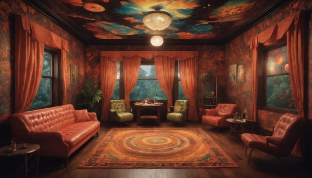 A cozy living room, decorated with a bohemian aesthetic, features a vibrant, multi-colored rug and an array of plush furniture. The rooms centerpiece is a dramatic ceiling adorned with a swirling celestial mural, illuminated by a chandelier with a unique design. The windows offer a glimpse of the lush outdoors, framing the scene with a sense of tranquility.