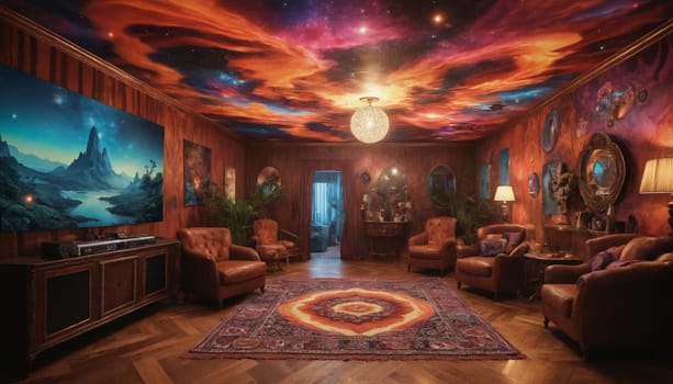 A cozy living room with a unique and imaginative design. The room features a vibrant red and orange color scheme with a plush orange sectional sofa, a large circular rug, and a star-filled ceiling. The windows frame a view of a starry night, adding to the dreamy atmosphere. Lush green plants and vibrant artwork adorn the walls, creating a sense of warmth and comfort.