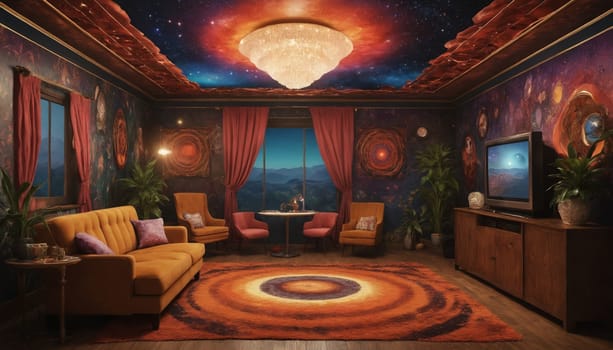 A living room with a unique design featuring a starry sky ceiling and galactic wallpaper. The room is furnished with a couch, chairs, and a coffee table. A large window provides a view of a nighttime sky.