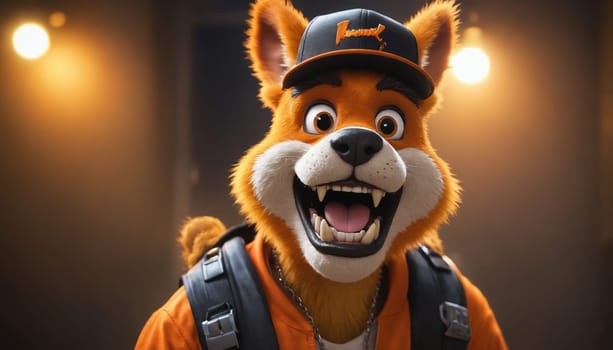 A close-up shot of a furry, orange creature with large, friendly eyes and a wide smile. It is wearing a black baseball cap with an orange logo and a black backpack. The creature is standing in a room illuminated by warm, soft lights.