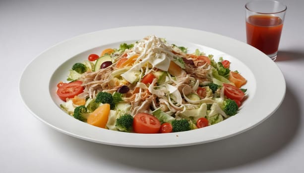 A white plate holds a vibrant and delicious chicken salad, featuring a mountain of shredded chicken, crisp lettuce, juicy tomatoes, and crunchy vegetables. The salad is garnished with fresh parsley and a sprinkle of black sesame seeds, adding a touch of elegance.