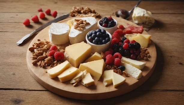 A wooden board overflowing with a variety of cheeses, including brie and cheddar, is presented alongside a medley of fresh berries, including raspberries and blueberries. A generous scattering of almonds adds a crunchy textural element to this delightful appetizer spread.