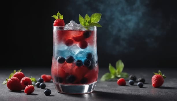 A tall glass filled with ice, red and blue layers of liquid, and blueberries and raspberries, garnished with a sprig of mint. The glass sits on a dark countertop with a few scattered berries and a sprig of mint nearby.