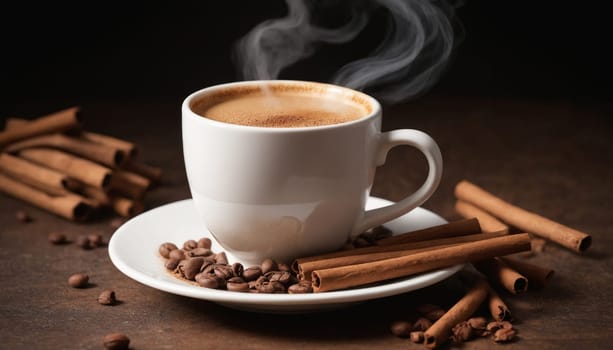 A white ceramic mug filled with coffee and topped with cinnamon sits on a saucer with cinnamon sticks and coffee beans. Steam rises from the hot coffee, creating a cozy and inviting atmosphere.