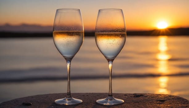A glass of water sits on the beach, the setting sun reflected in the water and the glass. The scene is calm and serene, capturing the beauty of the evening sky.