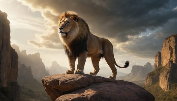 A powerful lion with a thick mane stands proudly on a rocky outcrop, overlooking the vast African savanna. The setting sun casts a warm glow on the landscape, creating a dramatic backdrop for the majestic predator.