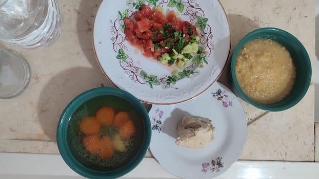breakfast lunch dinner cooking, salad and porridge in a plate, lentils healthy food. High quality photo
