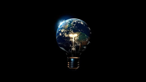 Earth inside a light bulb against a black background, environmental conservation concept.