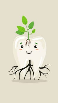 Smiling tooth with plant sprout illustration on beige background, dental health and environment concept.
