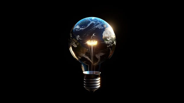 Light bulb with earth inside on black background, eco-friendly energy concept.