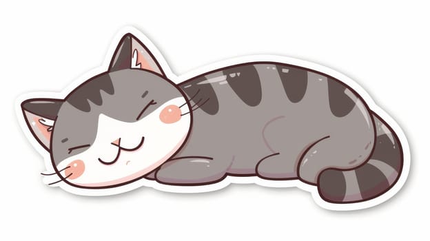 Cute cartoon sleeping cat sticker, adorable grey tabby with blushes, kawaii style. Pet and relaxation concept.