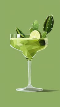 Green cocktail in a glass with cactus decoration and lime slice on green background. Refreshing drink concept.