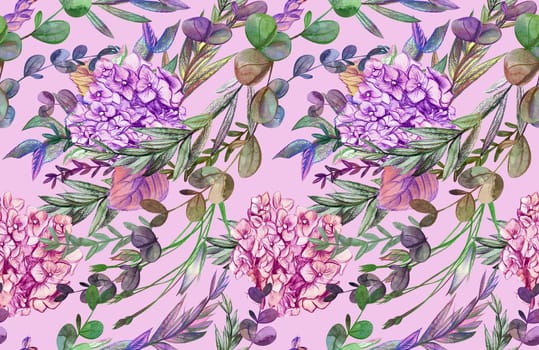 Summer pattern with hydrangea flowers drawn in pencil and watercolor for textiles and design
