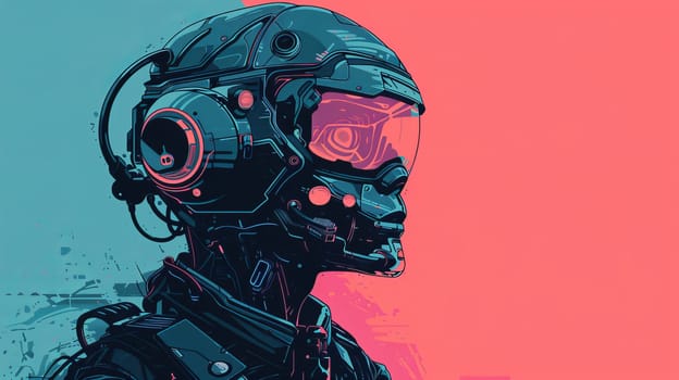 Futuristic cyberpunk soldier illustration with helmet and visor, side profile. Sci-Fi and technology concept.