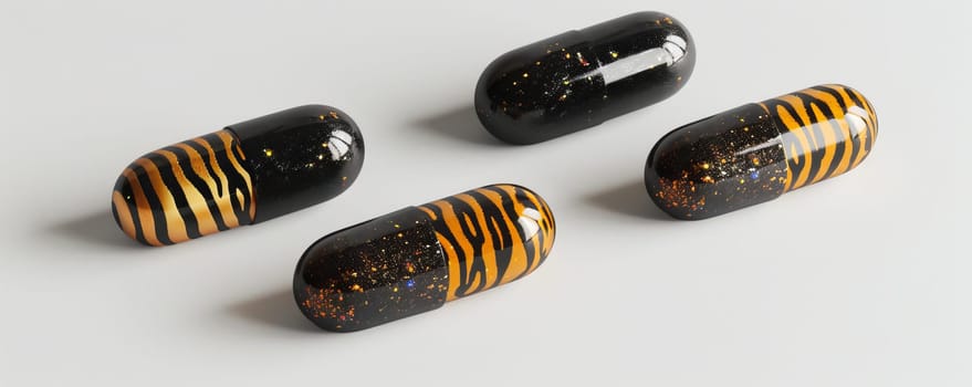 Four black capsules with tiger patterns on white background, abstract concept. Modern pharmaceutical and health imagery.