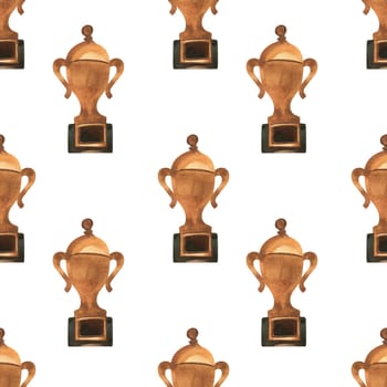 Competition winner prize: seamless pattern with sparkling cups and medals. Design of the award ceremony in watercolor