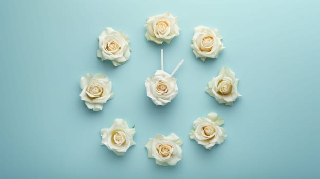 Clock made of white roses on light blue background, time and nature concept.