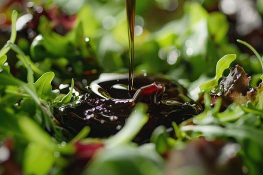 Fresh Olive Oil and Balsamic Vinegar Dressing Dripping onto Mixed Greens Salad.