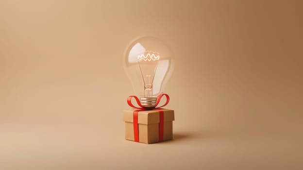Light bulb on gift box with red ribbon, creative concept. Innovation and gift idea concept.
