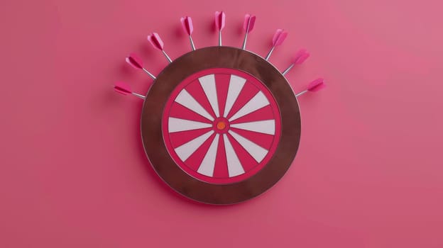 dartboard with multiple darts on pink background, playful concept.