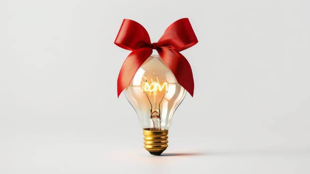 Light bulb with red bow on white background, creative gift concept.