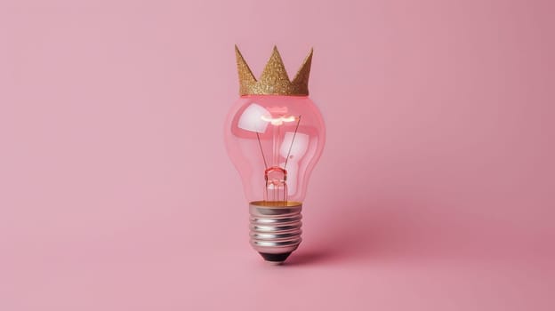 Light bulb with golden crown on pink background, creativity and innovation concept.