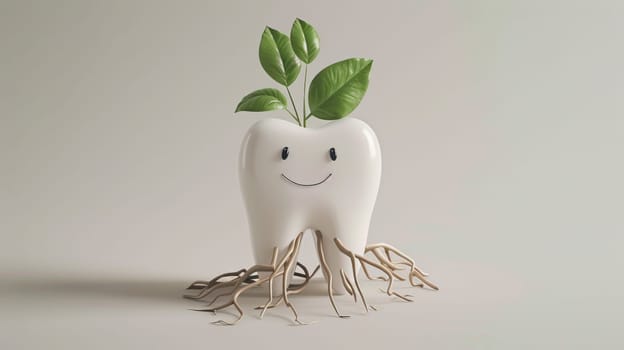 Happy tooth with roots and green leaves, dental health concept.