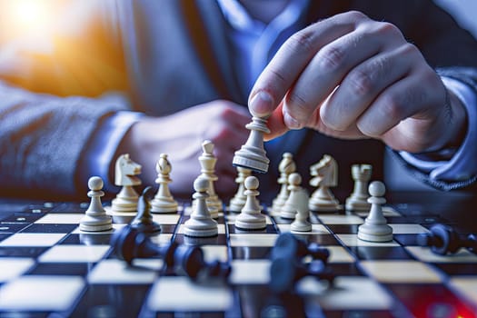 Close-up of Hand Moving Resources on Chessboard, Strategic Resource Allocation in Chess.