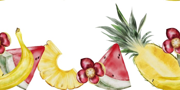 Seamless border of tropical fruits. Hand drawn drawing of ripe watermelon and pineapple and bananas cut into pieces. Clip art of exotic fruits on isolated white background. Ideal for building buildings, fresh food and cosmetics stores and menus. High quality photo