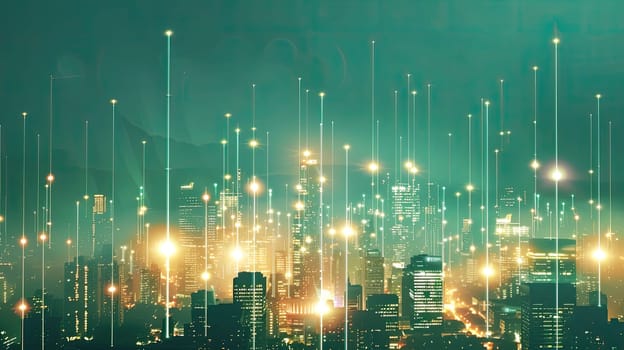 City Skyline Illuminated by Glowing Lines Representing Project Prioritization and Impact, Urban Resource Allocation.