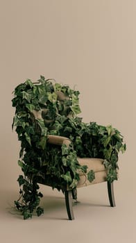 Chair covered in ivy vines, minimalist indoor nature concept.