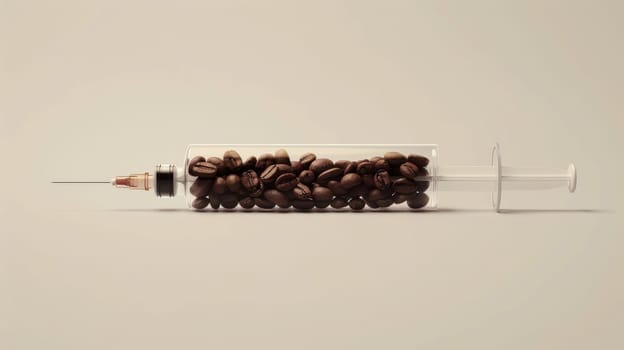 Syringe filled with coffee beans on white background, caffeine addiction concept.