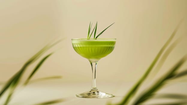 Green cocktail with grass in elegant glass on neutral background. Refreshing summer drink concept.