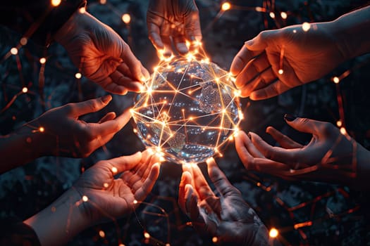Multiple hands, each representing a different department or project, reach towards a central glowing sphere representing a shared resource pool.