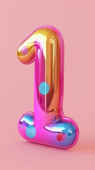 Colorful metallic number 1 one balloon on pink background.